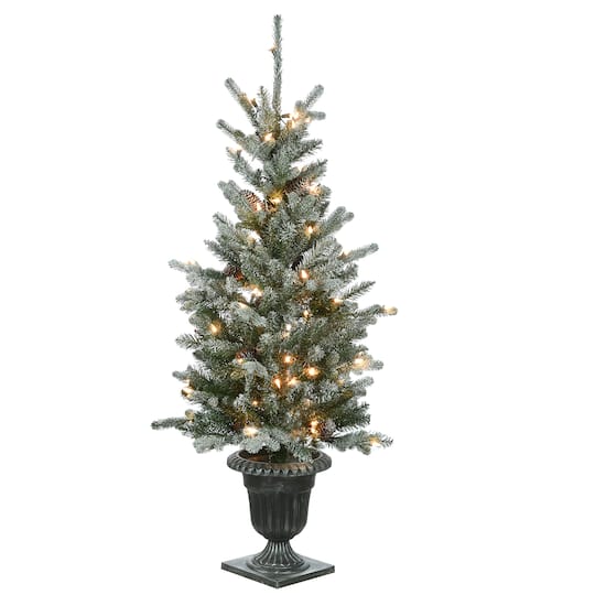 4ft. Pre-Lit Feel Real&#xAE; Snowy Morgan Spruce Artificial Christmas Tree in Ornate Urn Planter, Twinkly&#x2122; Color Changing LED Lights